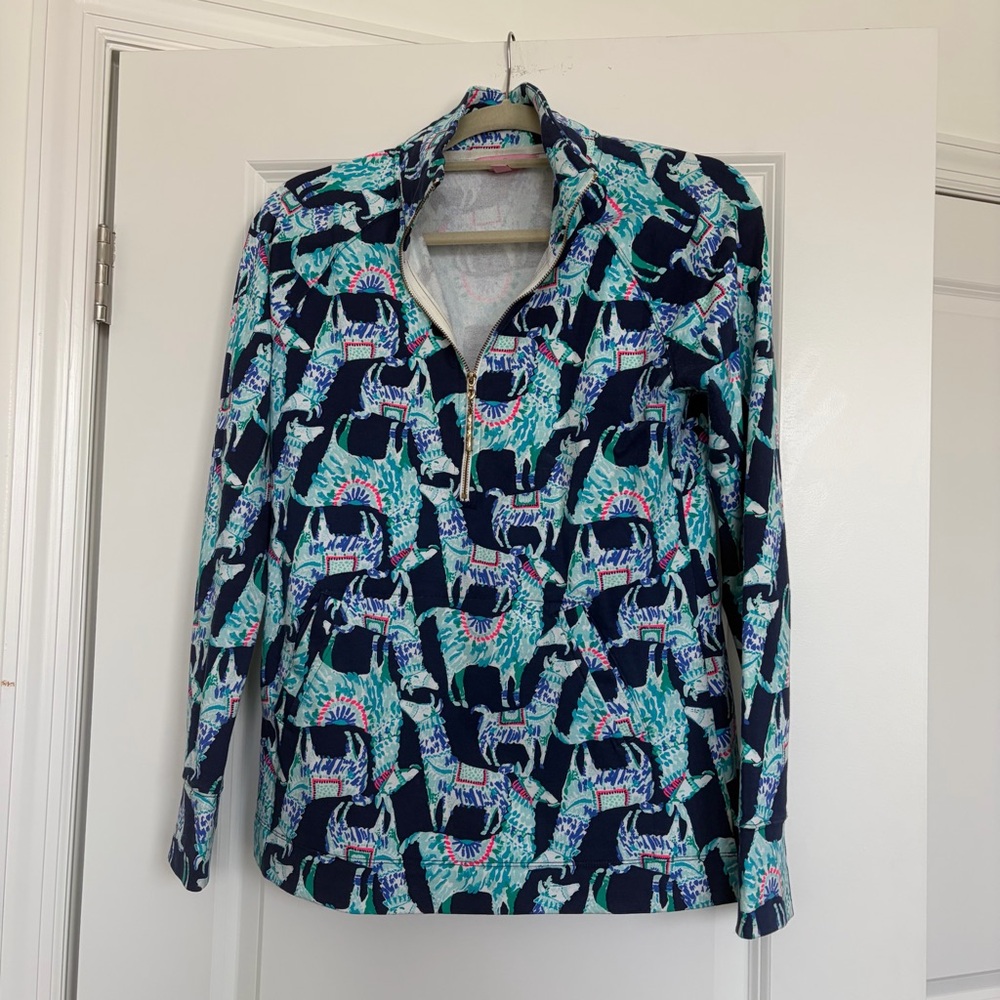 Lilly Pulitzer Navy and Turquoise Printed Quarter-Zip Pullover